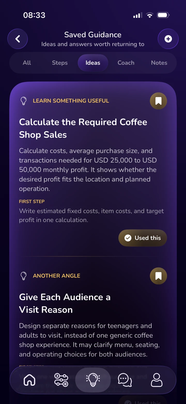 Saved Guidance in WealthBoost with ideas, steps, Coach answers, and notes